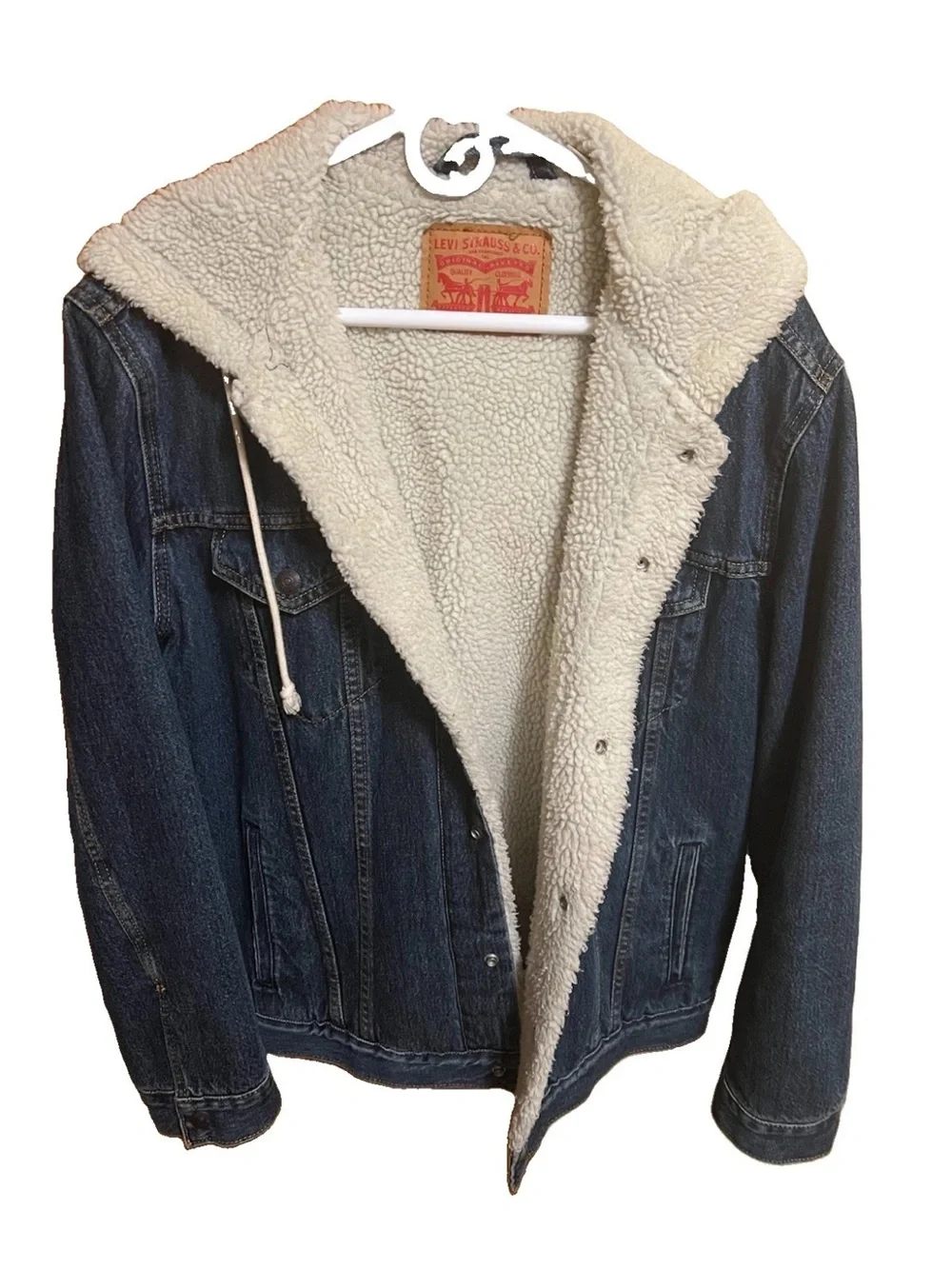 Levi's Sherpa Hooded Denim Jacket Mens Blue Large Trucker 85244-0000 EUC